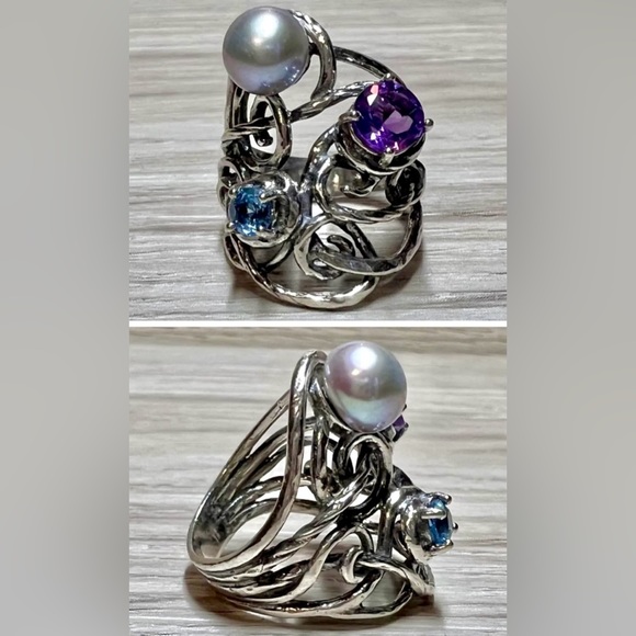 Designer Or Paz Sterling Silver Amethyst, Pearl, & Blue Topaz Ring, Size 5 - Picture 1 of 9